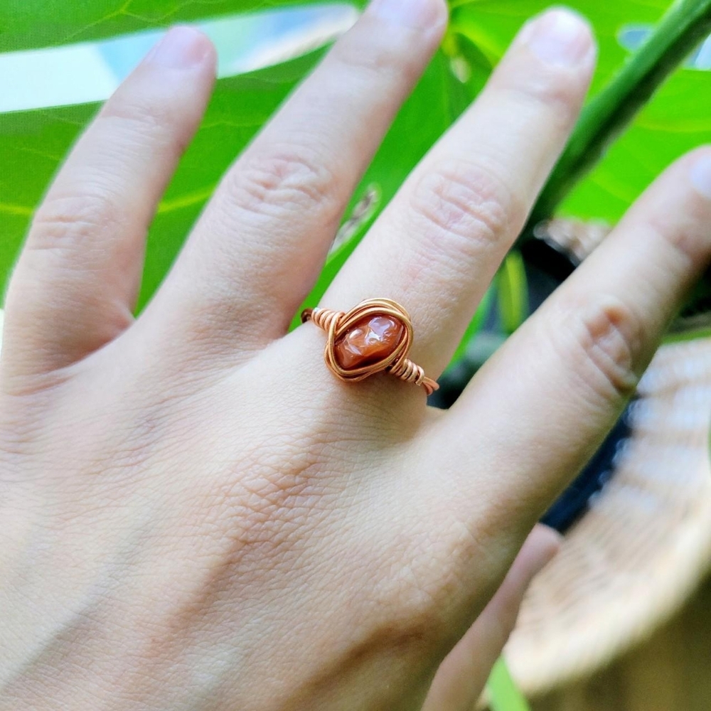 Dainty Handmade Rose Gold Salmon Stone Wire Ring, size 7